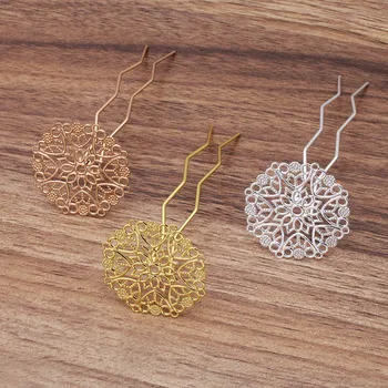 

Blank Hair Stick with 30mm Filigree Flower Metal Hairpins Findings Bases for Wedding Bridal Hair Clips Multi-color Plated