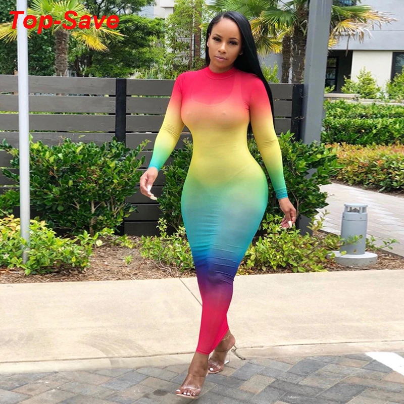 

2019 Spring Summer Neon Evening Party Dresses For Women Long Sleeve Bandage Elegant Bohemian Dress Great Mesh Sexy Tye Dye Dress