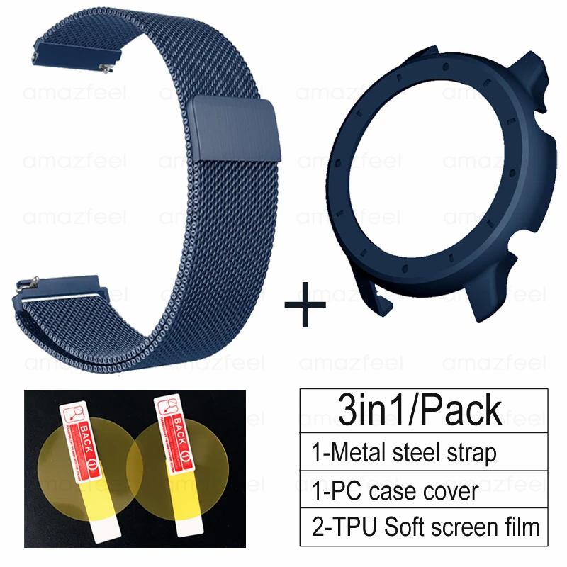 blue-blue 3в1 Для Amazfit GTR 47 мм чехол на ремне защитная пленка из нержавеющей стали магнитный браслет для Amazfit gtr 47 мм 42 мм ремешок для часов чехол - Цвет: blue-blue