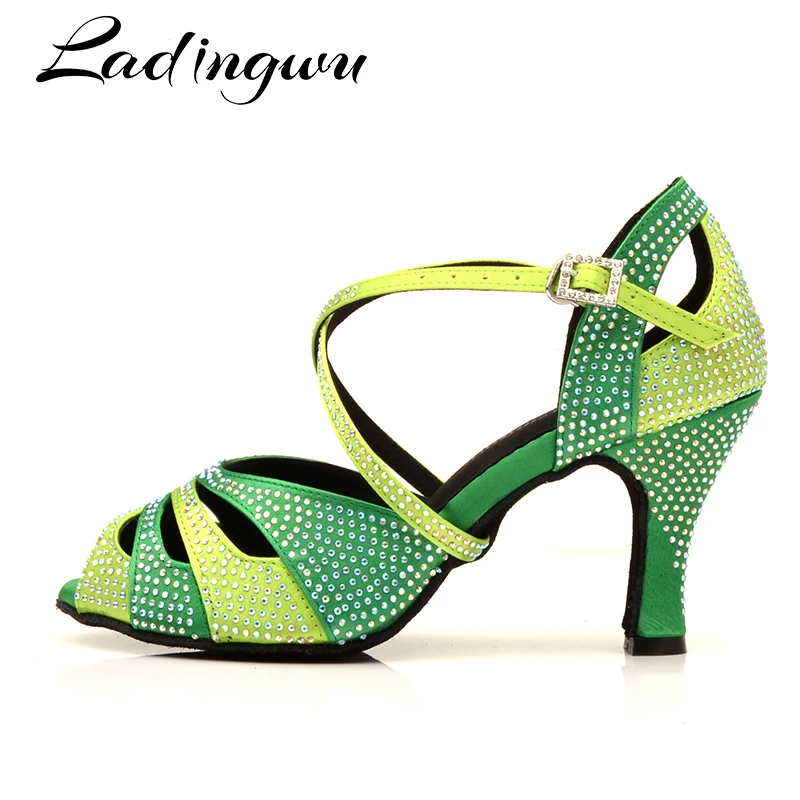 Ladingwu Rhinestone Dance Shoes Latin Salsa Dance Girls Shoes Dark Green Light Green Gradient Women Pink Small mouth dance shoes