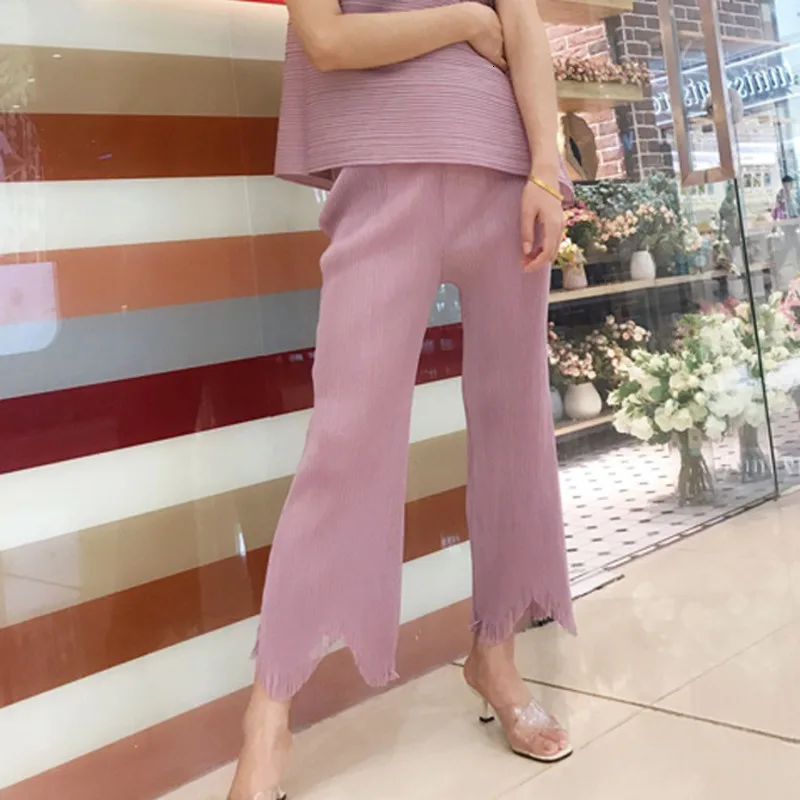

LANMREM Solid Color Pleated Fringed Nine-point Flared Pants Plus Woman Casual Versatile Simple Fashion 2020 Autumn New TV505