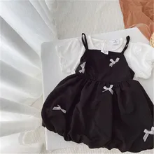 

Girls Suit T-shirt +Dress 2Pcs/Sets 2021 Bow Spring Summer Toddler Kids Cotton Beach Party Suits Children Clothing