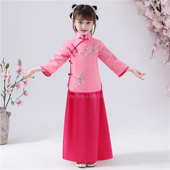

4 Colors Chinese Traditional Dress Cheongsam for Baby Girl Stage Performance Floral Embroidery Long Sleeve Qipao Tamg Suit Set