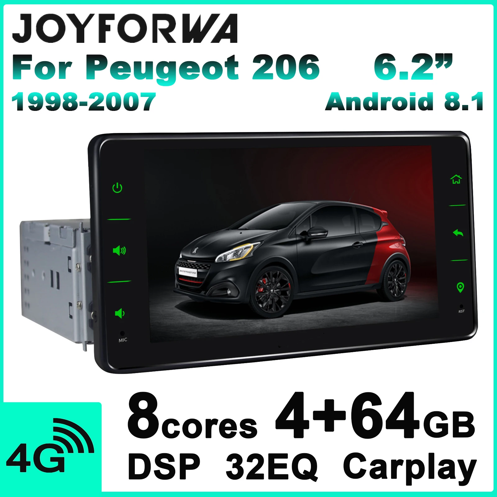 

DSP Carplay 6.2" 1Din Android 8.1 Car Stereo Multimedia Radio for Peugeot 206 1998-2007 GPS SPDIF Subwoofer 4G SIM WiFi DVR OBD