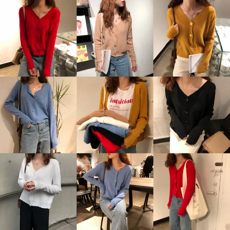 Autumn New Fashion Knitted Women Sweater Loose Long Sleeve V-neck Cardigans Button Solid Women Top Women Clothing 5301 50