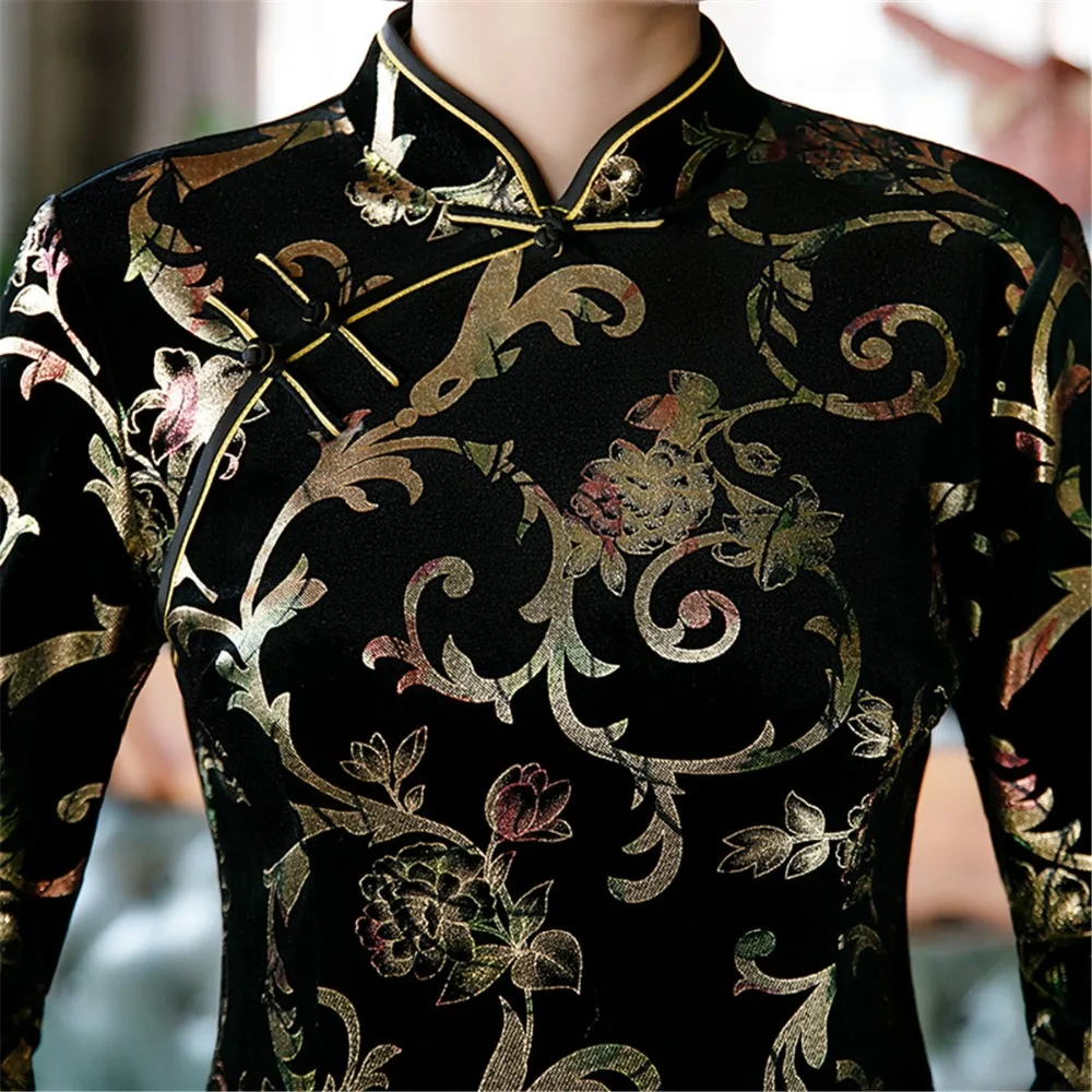 Шанхай история Половина рукава китайское традиционное платье Cheongsam Цветочная вышивка бархат Qipao китайское женское платье 3 цвета