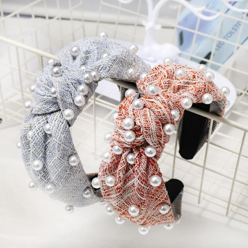 

Korean style women plaid hairband knotted headband pearl fashion hair hoop headband autum winter hair accessories