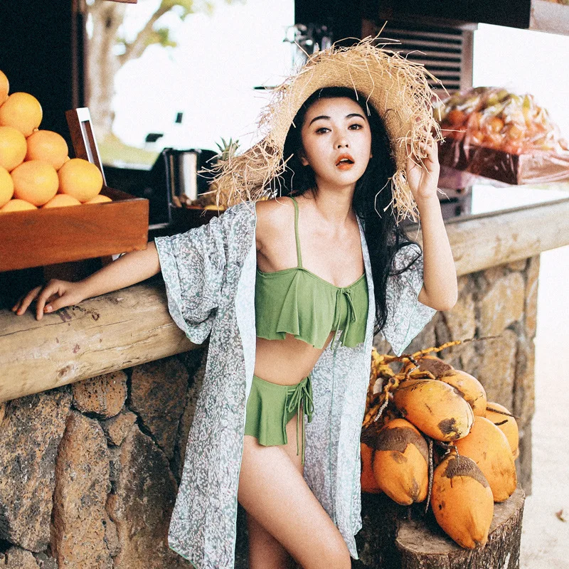 

Small Peach Bathing Suit Women's Three-piece Set Sexy Small Bust Gathering Hot Springs Beach Slimming Bikini Three-piece Set Swi