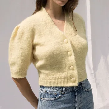 

Women Knitted Short Sweater Top 2020 New Puff Sleeve V-neck Single-breasted Mohair Cardgian White Yellow Pink Knitwear