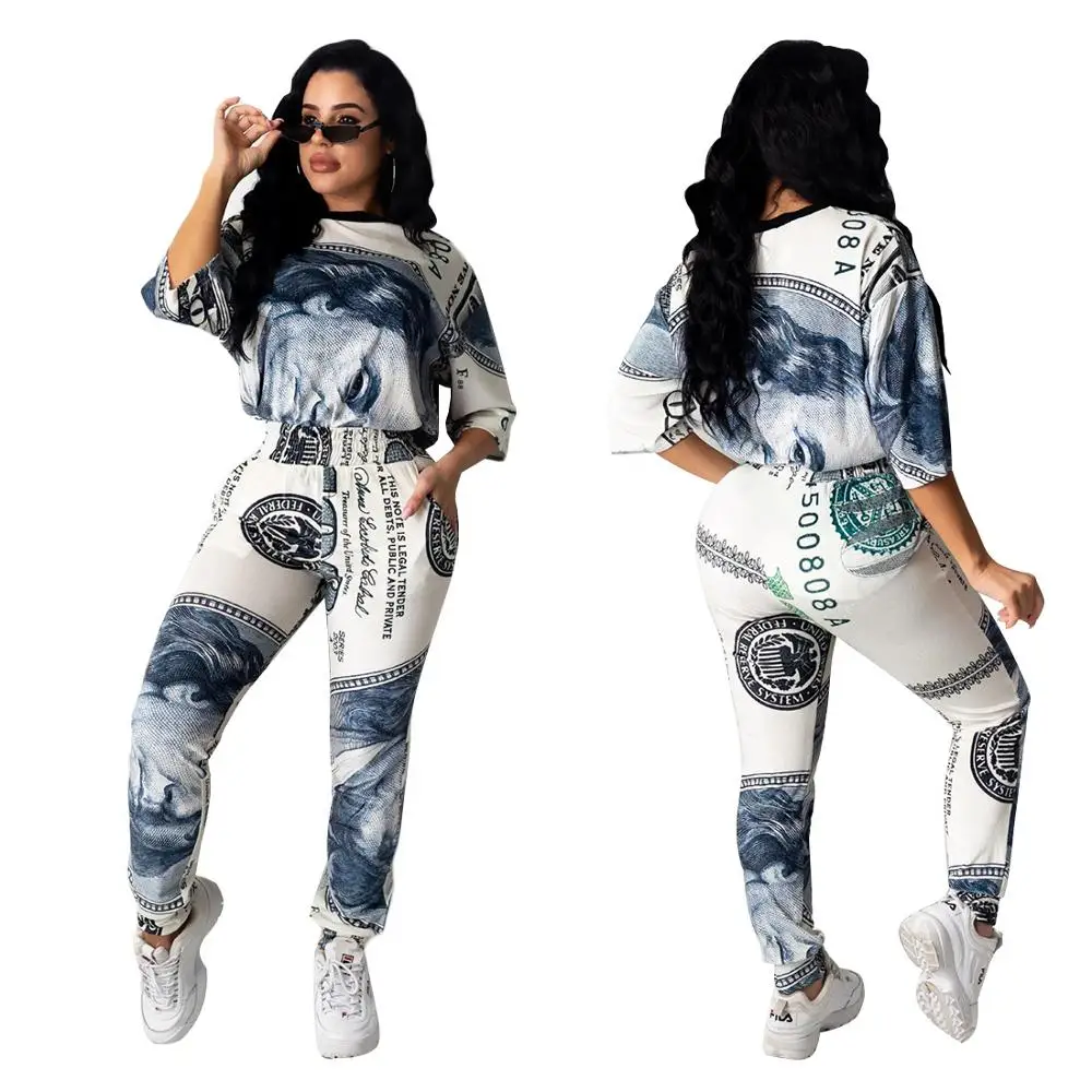 

Adogirl Casual Dollar Printed Women Set Loose Short Sleeves Top Long Pencil Pants Two Pieces Set Tracaksuits Female Loungewear