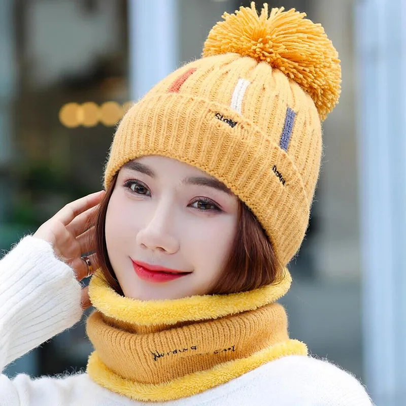 Knitted Hat With Scarf Collars SUOGRY Sets For Women Winter Ladies Hat& Scarf With Pompom Thick Two Piece Keep Snow Warm Set