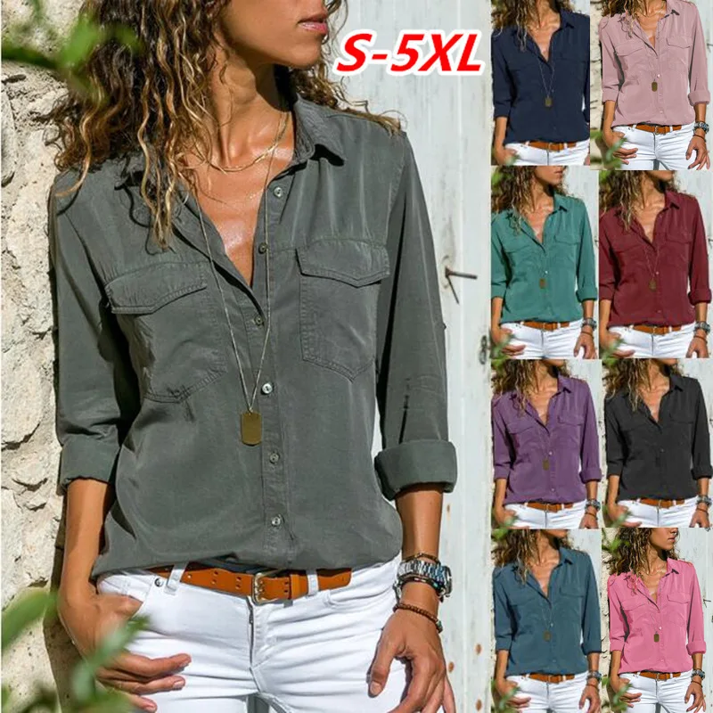 

2019 Women's clothing Blouses & Shirts ladies tops plus size office casual long sleeve sexy plain color army ware free ship