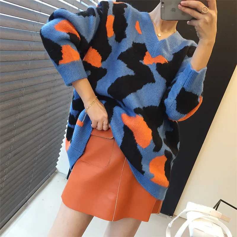 RUGOD корейский женский свитер Камуфляжный узор vneck красочный вязаный пуловер Модный повседневный панк стиль Женская Туника Новинка Весна