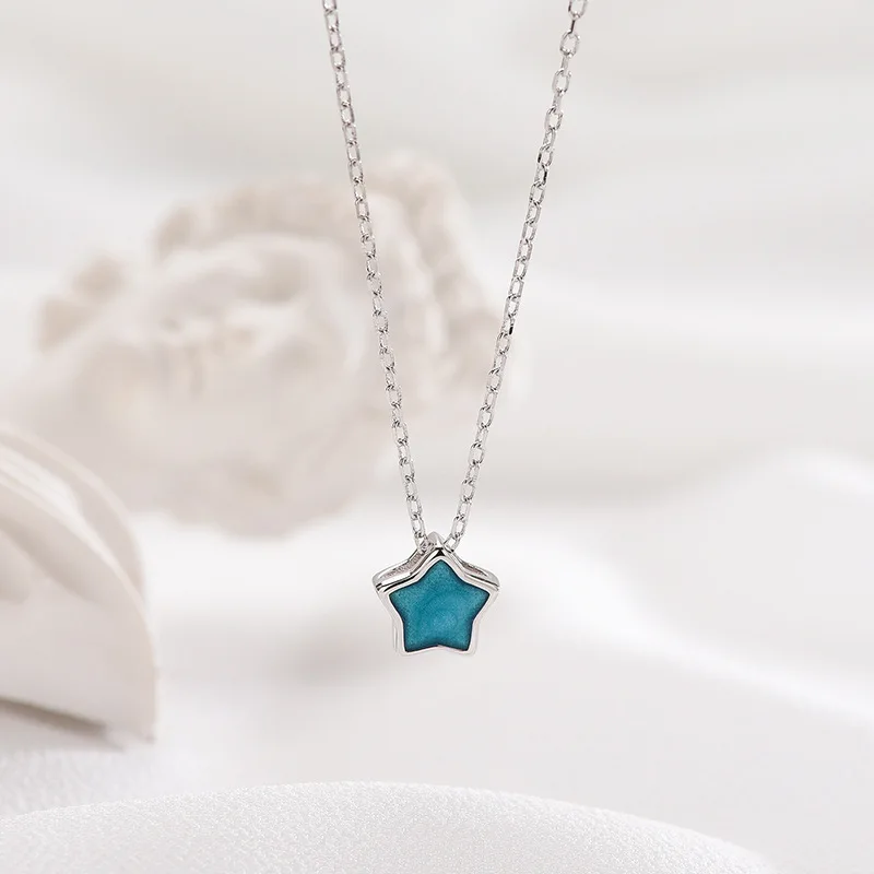 

S925 Fine Silver Five-pointed Star Choker Korean-style Accessories Cute Epoxy Pendant Hipster Azure Star Necklace