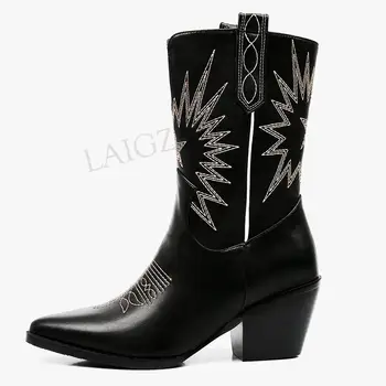 

LAIGZEM Vintage Cowgirl Booties Combat Cuba Heels Zip Sewing Women Boots Autumn Winter Shoes Woman Botas Mujer Size 42 43 44 45
