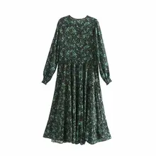 QZ932 Новое Осеннее длинное платье с круглым вырезом и длинными рукавами, черного цвета, зеленого цвета, с цветочным принтом, свободные шикарные платья