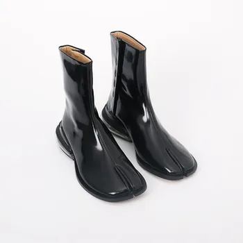 Botines de mujer 2021 de tacón grueso, Botines cortos para mujer de punta cuadrada, Botas de lluvia de charol negro, Botines de lujo