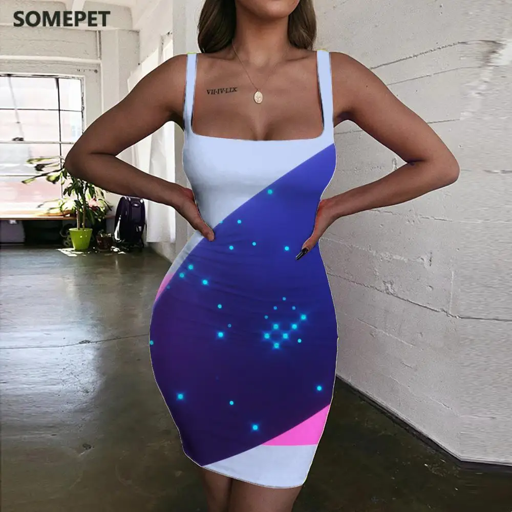 

SOMEPET Geometry Dresses Women Abstract Vestido Sexy Pattern Bodycon Dress Cool Halter Sleeveless Womens Clothing Summer Beach