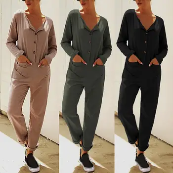 

Hot Casual Women Autumn Long Sleeve V Neck Single-breasted Pockets Loose Jumpsuit