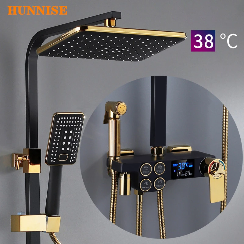 Digital Shower Set Luxury Black Gold Thermostatic Shower System Rainfall Spa Shower Head Brass Bathtub Faucet Digital Shower Set Shower System Aliexpress