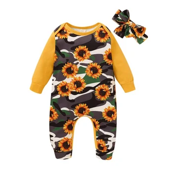 

Baby Girl Rompers Newborn Infant Jumpsuit Autumn Winter Long Sleeve Floral Print Romper+Headband 2pcs Outfits New