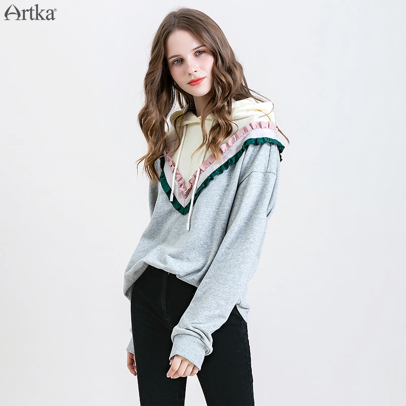  ARTKA 2019 Autumn Winter New Women Hoodies Loose Fake Two Pieces Sweatshirt Long Sleeve Ruffle Pull