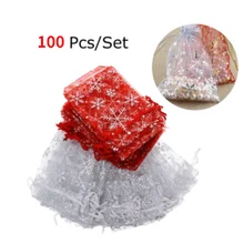 

100 Pcs/Set Snowflake Pattern Organza Bags Christmas Gift Candy Wedding Favour Pouch Festive Party Gift Bags