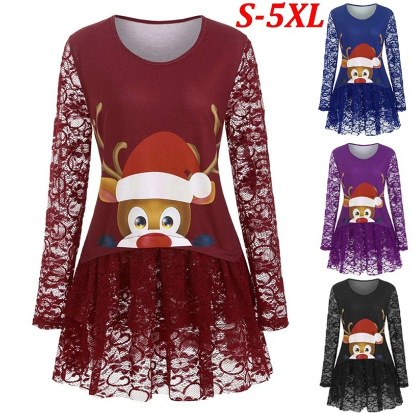 

Plus Size 5XL Tee Tops Women Merry Christmas Santa Claus Elk Print Lace Patchwork T-Shirt Clothes Christmas Gift For Girls A50