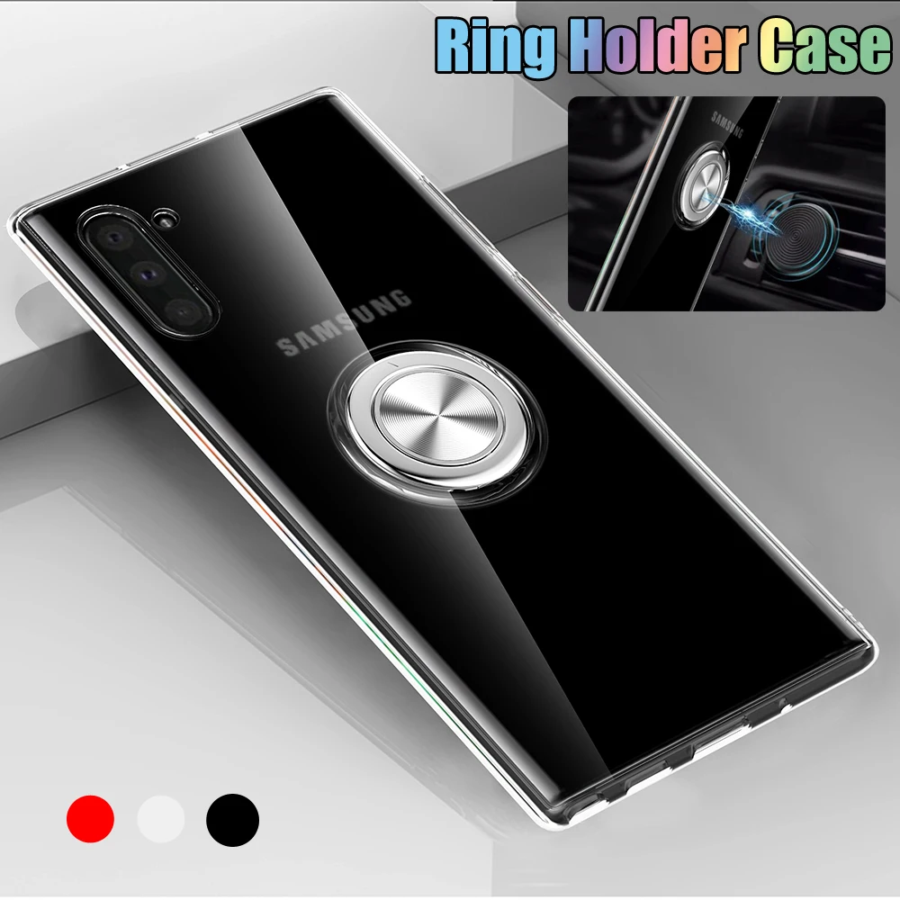 

For Samsung Galaxy Note10Plus Shockproof Ultra Slim Magnetic Ring Buckle Stand Holder Clear Back Case Cover TPU Soft Transparent