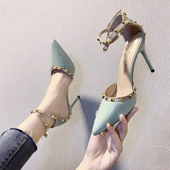 

Sexy High Heeled Sandals Woman 2020 Spring/Fall Women's Summer Shallow Shoes Rivets Pointed toe Red Black Beige