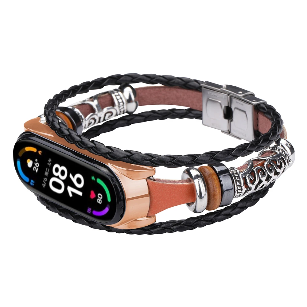 

Кожаный ремешок для Xiaomi Mi Band 6 5, браслет для Mi Band 7 Mi Band 5, умный ремешок для наручных часов, этнический бисерный Ретро + металлический чехол