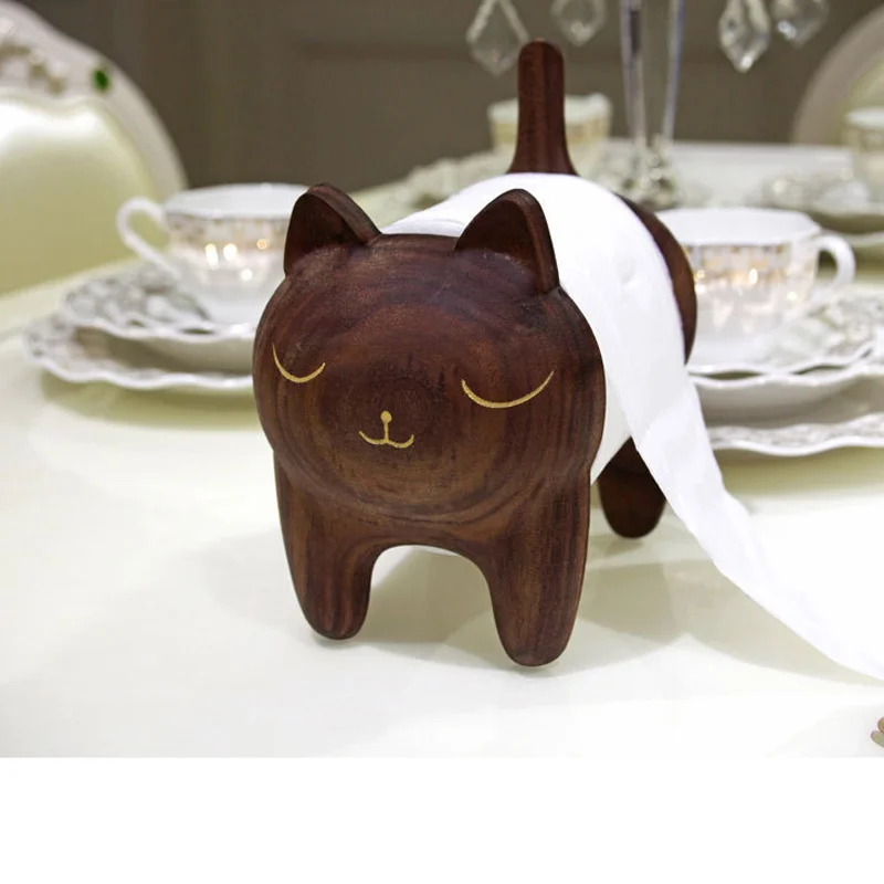 Wooden Cat Toilet Paper Holder