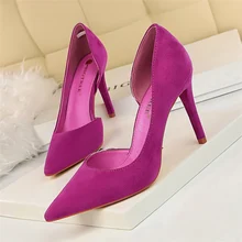Весенние пикантные женские замшевые туфли-лодочки на высоком каблуке; Цвет фиолетовый, желтый, оранжевый; Летние дизайнерские модельные туфли из флока; Tacones Altos Mujer; большие размеры