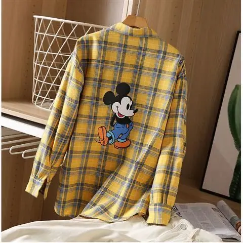 Disney Camiseta clásica de manga corta de Mickey a cuadros para mujer