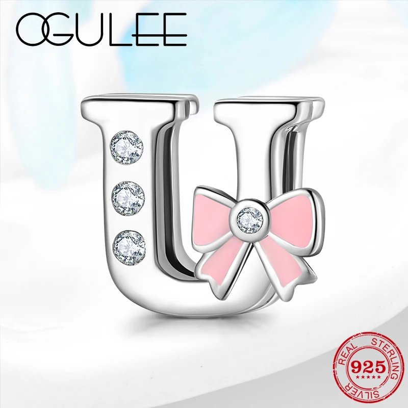 

High quality 925 Sterling Silver Clip Beads Letter U Pink Bow CZ for Women Fit Original Reflexions bracelet charms femme Jewelry