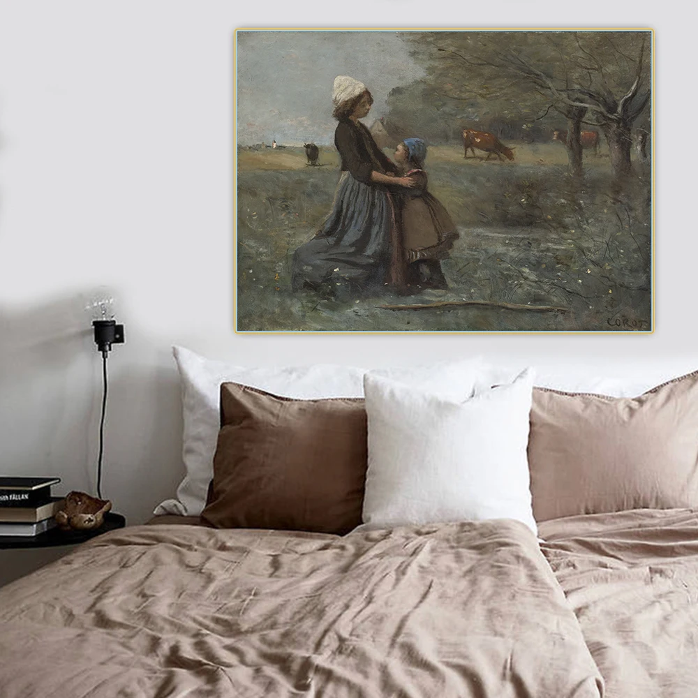 Citon Jean Baptiste Camille Corot Canvas сестер на лугу Холст Картина маслом задний фон Настенный