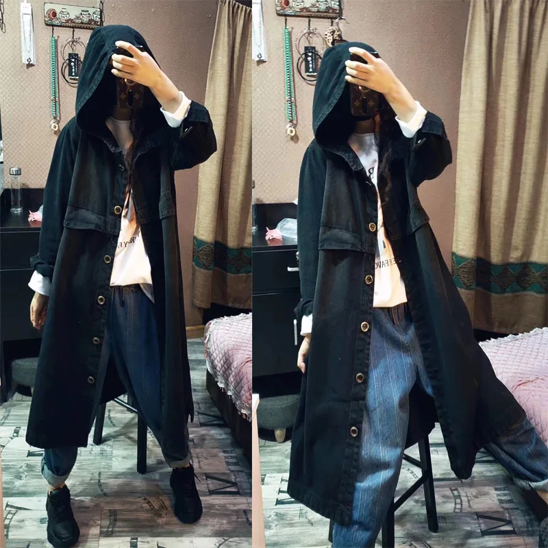 

2020 New Style Spring And Autumn Hooded Mid-length Outdoor Literature And Art Versatile Loose And Plus-sized Jeans Coat