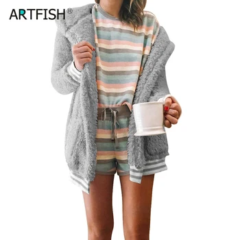 

Kawaii Long Autumn Cardigan Open Stitch Women Jackets Plush Teddy Lazy Hooded Hoodies Coats Stripped Patchwork Pockets GV243