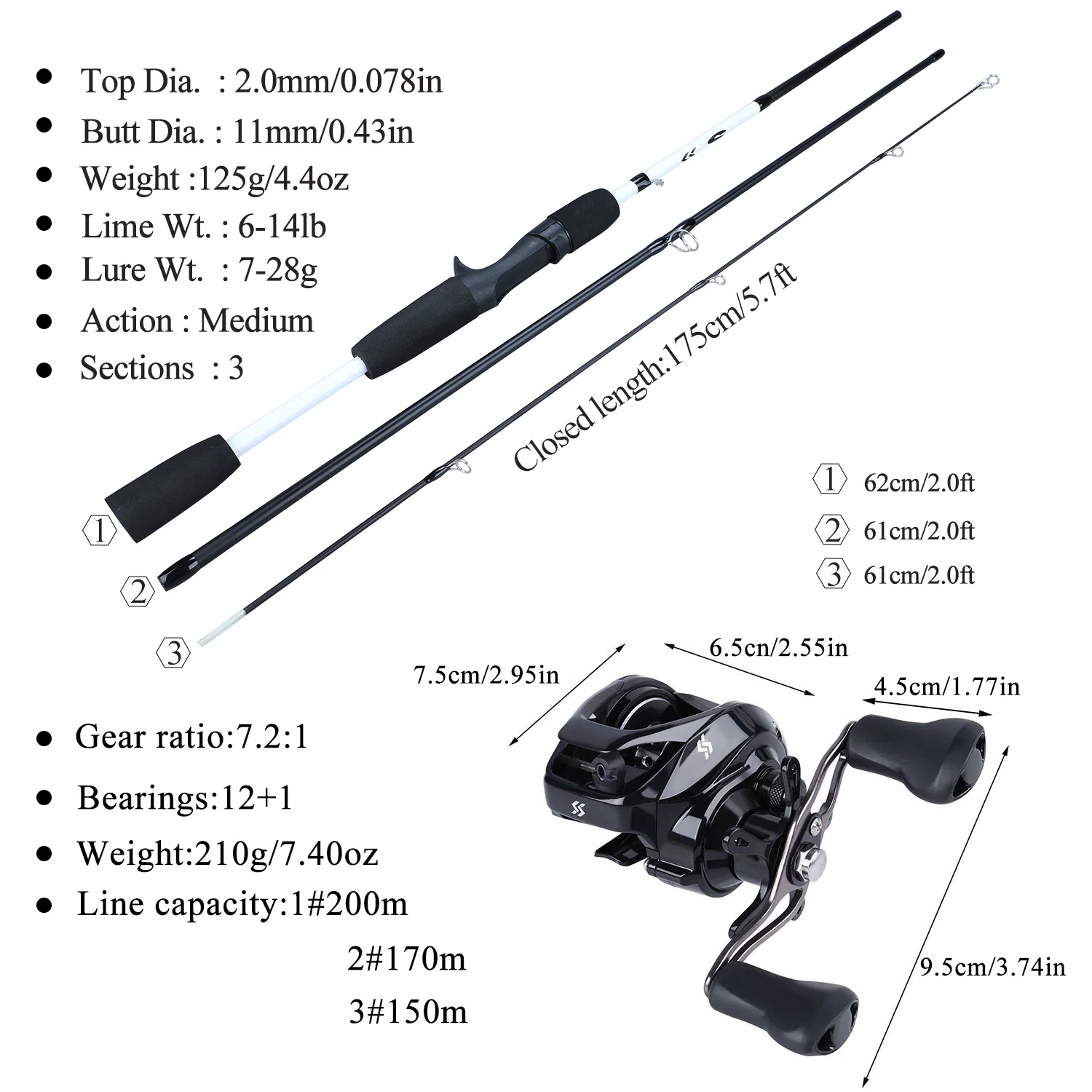 Sougayilang Portable 3 Section 1.75m Fishing Rod Combo Carbon Fishing Rod with12+1BB Baitcasting Reel Fishing Tackle Set