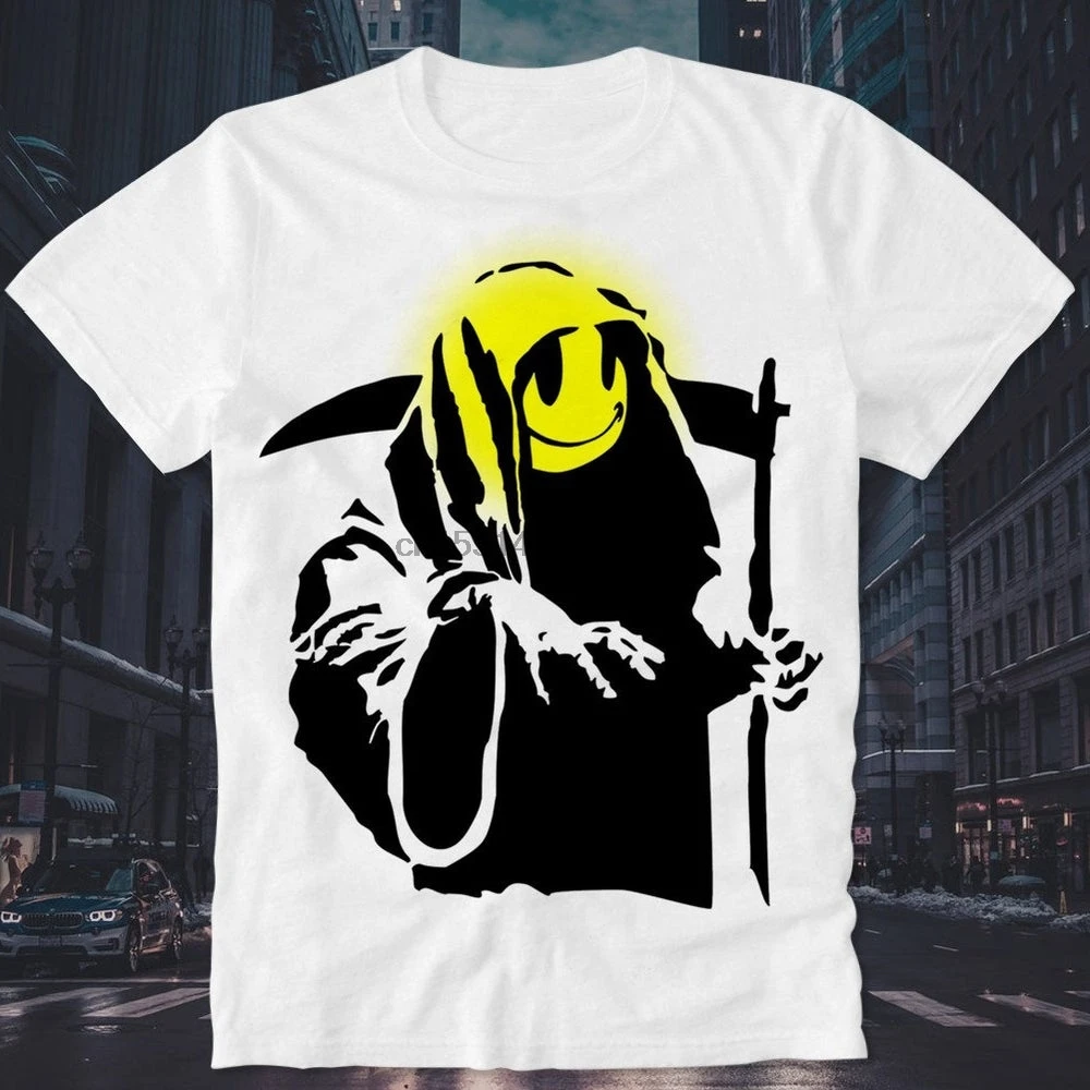T Shirt Grim Reaper Smily LSD Acid MDMA Psychedelic Banksy Grafitti Graffiti Sprayer Graffitti Urban Street Art Artist Skater | Мужская