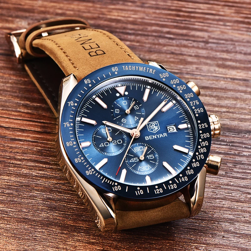 Новые мужские часы BENYAR Роскошные брендовые кожаные водонепроницаемые спортивные Кварцевые Хронограф военные часы мужские часы Relogio Masculino