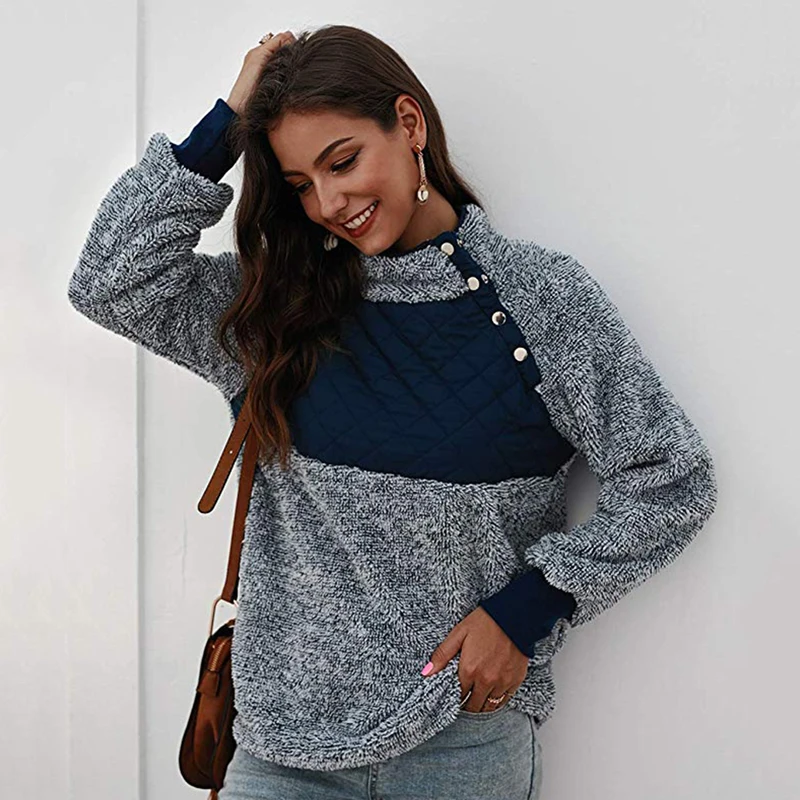 

Women's Warm Long Sleeves Oblique Button Turtleneck Splice Geometric Pattern Fleece Pullover Coat Sweater Plus Size Outwear