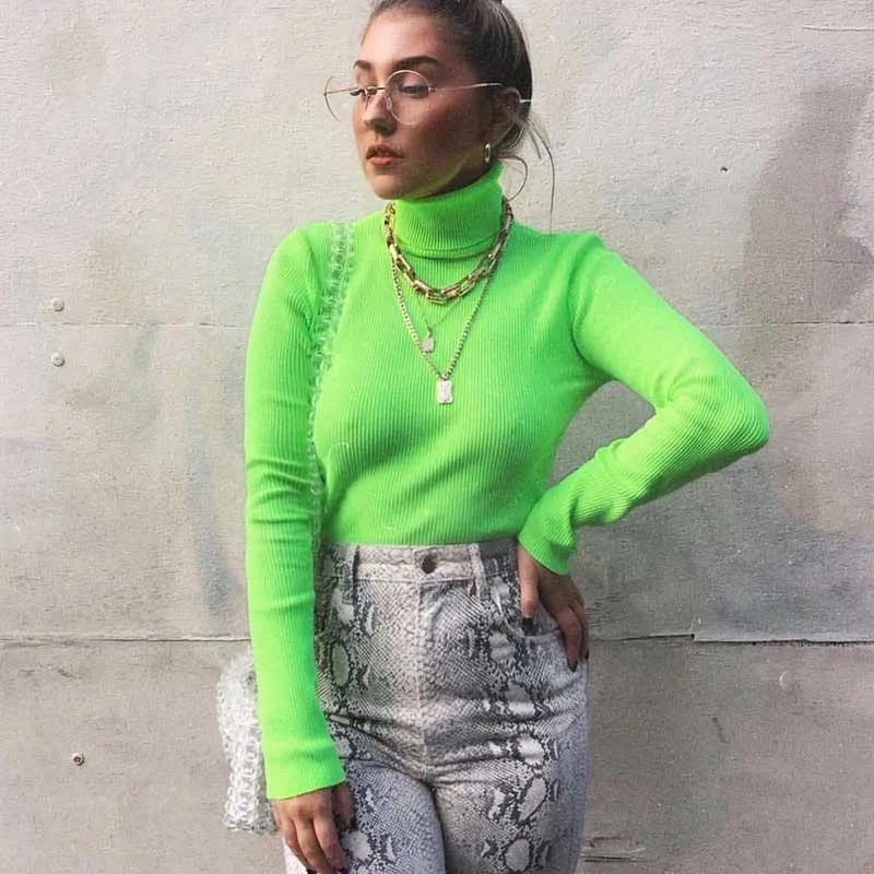 

Fluorescent Green Turtuleneck Knitted Sweater Women Autumn Winter Casual Long Sleeve Ribbed Sweater Streetwear Pullovers