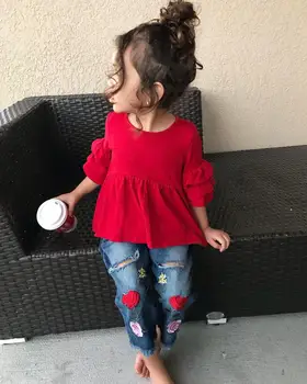 

2020 Fashion Summer Casual Clothes Sets 1-6Y Toddler Baby Girls Petal Sleeve Red T-Shirts Tops Floral Print Blue Hole Pants