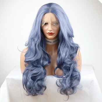 

Fashion Looking Light Blue Wigs For Women Middle Part Lace Front Wigs Blue Gray Glueless Synthetic Hair Wigs