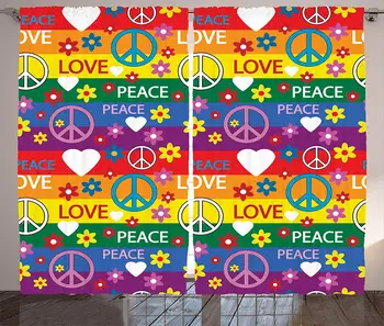 

Groovy Decorations Curtains Heart Peace Symbol Flower Power Political Hippie Cheerful Colors Festival Joyful Home Window Decor