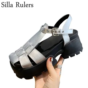

2020 Runway Thick Sole Closed Toe Silver Summer Sandals Woman Round Toe Rome Platform Ankle Strap Gladiator Sandals Woman