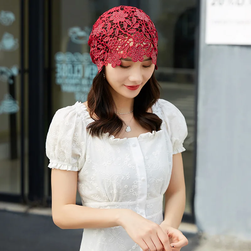 Spring Summer Hats For Women Lace Hollowed Crochet Flower Thin Beanies Skullies Ladies Headgear Turban Hat 4