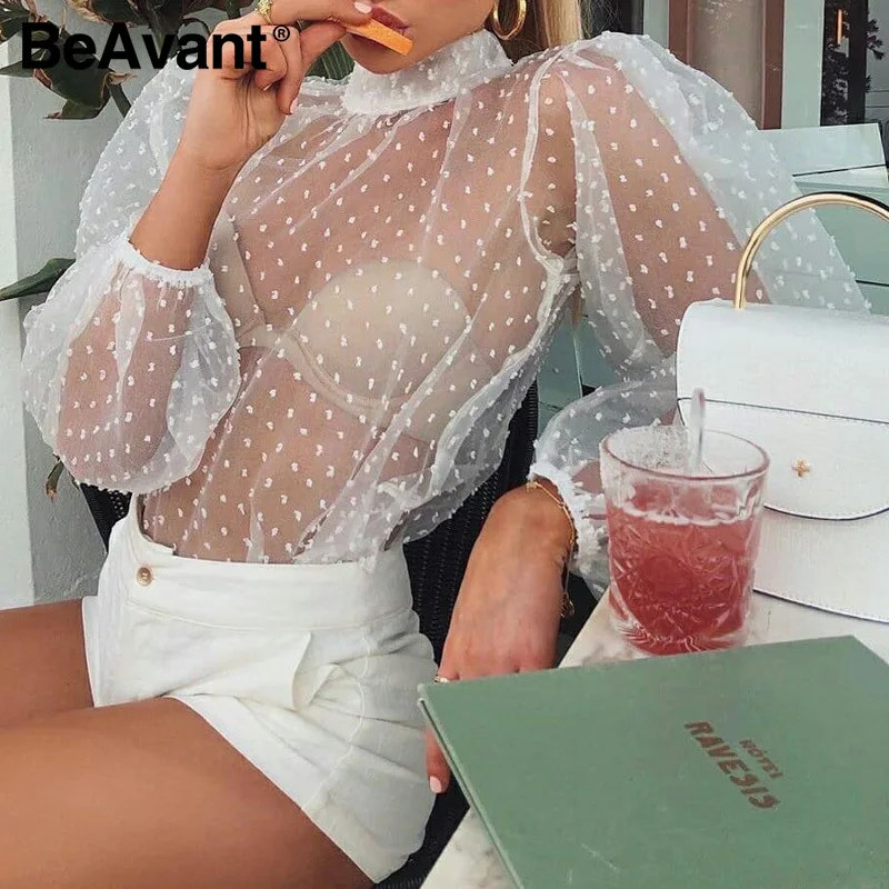 

BeAvant High Fashion Dot Sexy Blouse and Tops Turtleneck Long Sleeve See Through Chic Blouses Shirts Female Spring Summer Blusa