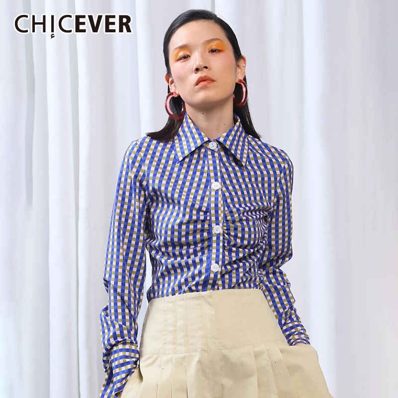 Женская клетчатая блузка CHICEVER винтажная приталенная Асимметричная рубашка с